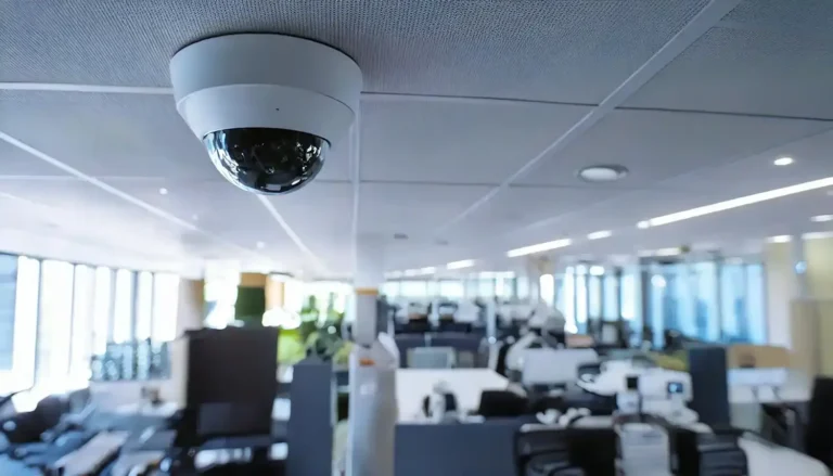 A ceiling-mounted dome CCTV camera monitoring an office space, highlighting security installation costs.