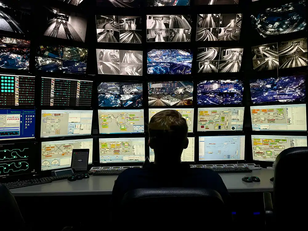 A security operator monitoring multiple CCTV feeds on a large surveillance system, highlighting operational costs of CCTV installation.