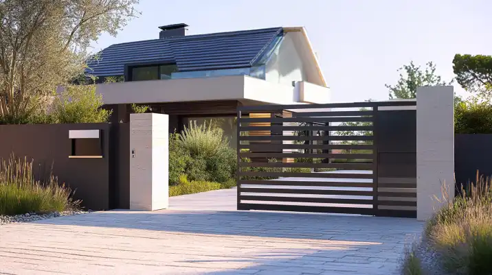 A modern sliding electric gate installed at the entrance of a high-value residential property, showcasing home automation and security.