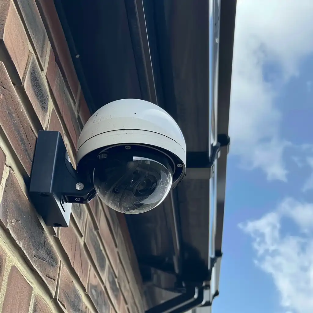 A wall-mounted dome CCTV camera, but is it real or just a dummy? Fake cameras can create a false sense of security and may fail to deter criminals.