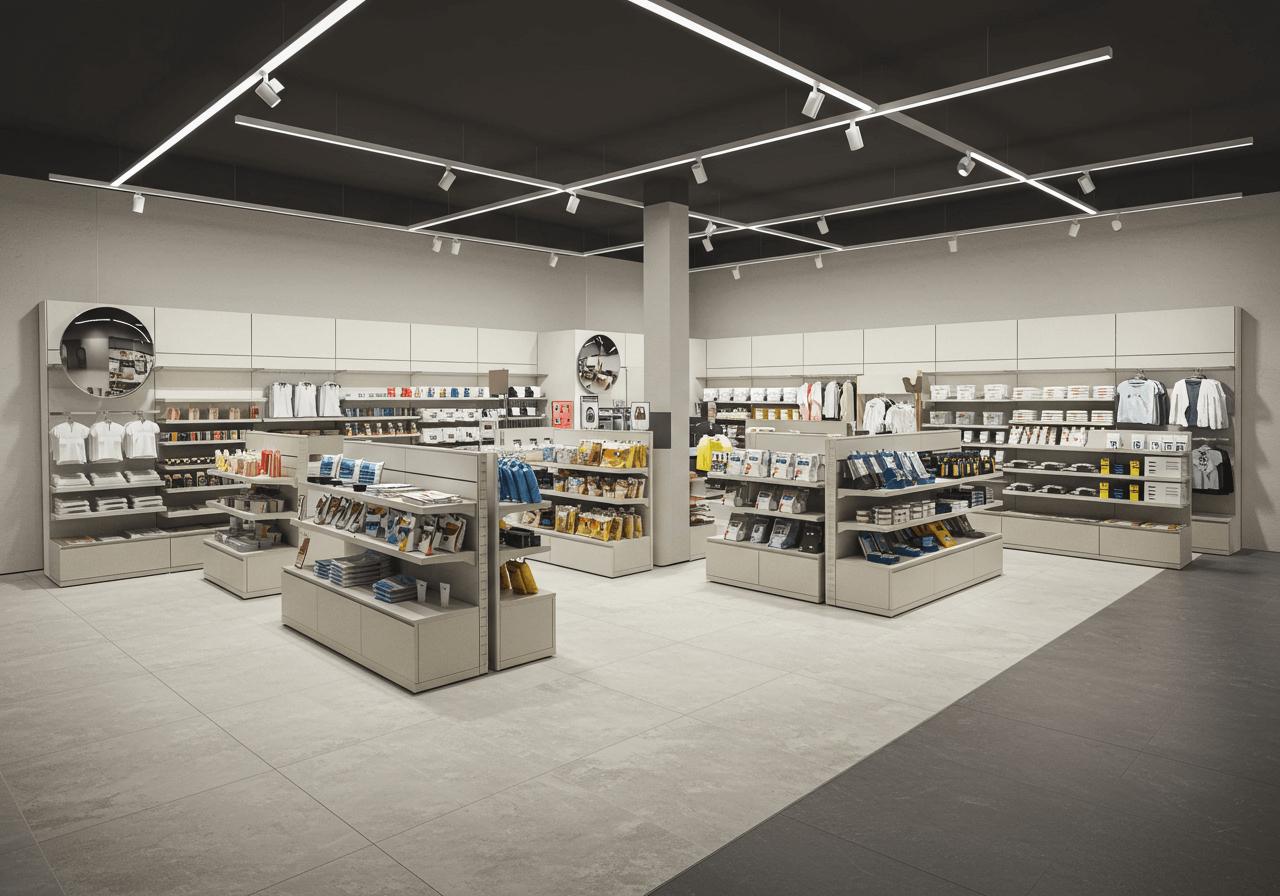 Efficient retail store layout that maximises space and product visibility, incorporating security mirrors for optimal oversight.