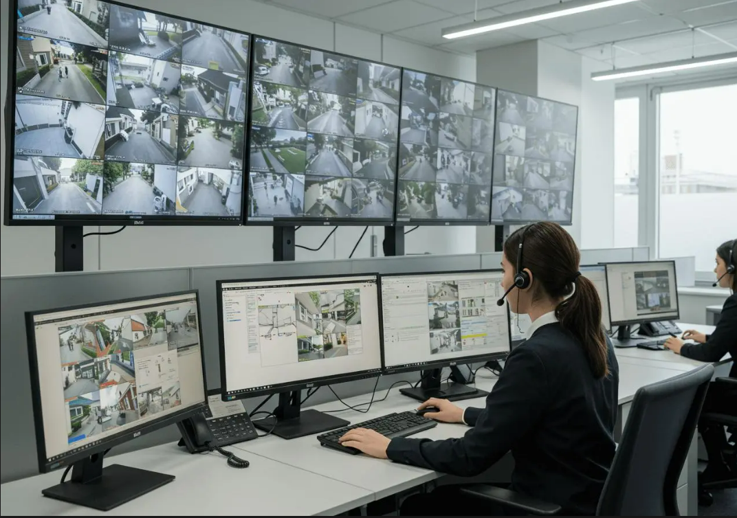 A woman monitoring the alarm system.