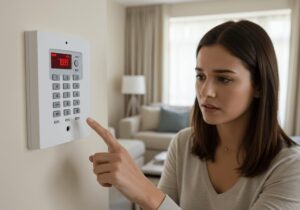 Concerned young woman pointing at her home alarm keypad, trying to understand a display message while troubleshooting a beeping security system.