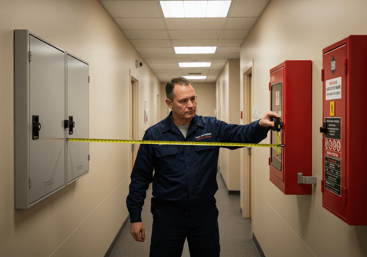 Technician in a blue uniform measuring the distance between a grey wall cabinet and a red fire equipment cabinet in a building hallway.