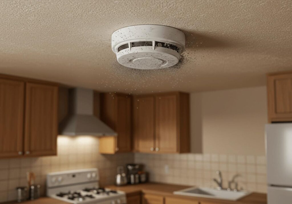 Dirty smoke detector surrounded by dark speckles on a textured ceiling, a potential cause for malfunctioning alarms.