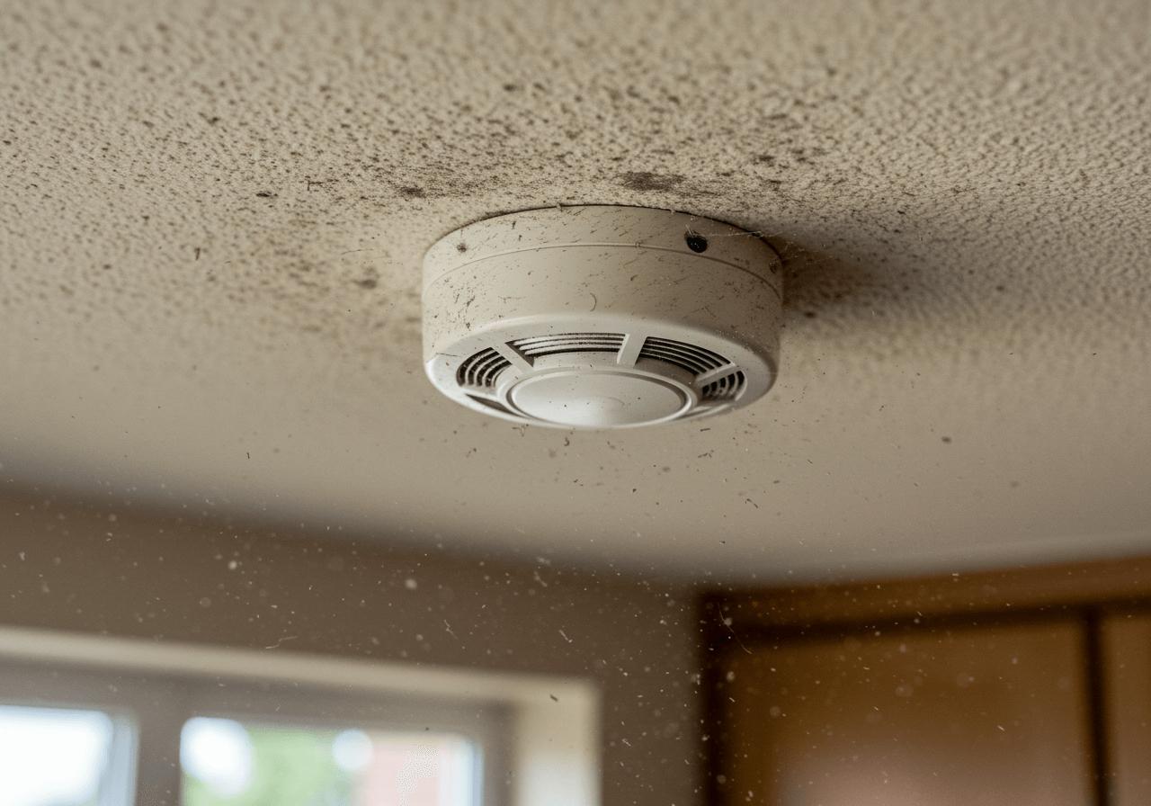 Close-up of a white smoke alarm covered in dust and grime, attached to a dirty textured ceiling.